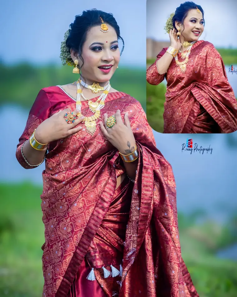 Bride in deep red silk mekhela chador